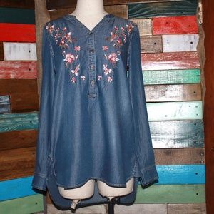 Multiples Lyocell Denim Long Sleeve Tunic Shirt w/ Floral Embroidery